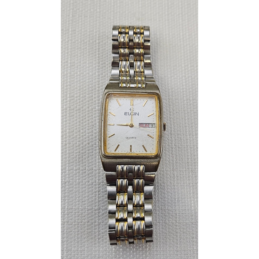 Elgin Two Tone Gold Silver Tone Rectangular Day Date‎ Quartz Watch Men's - READ